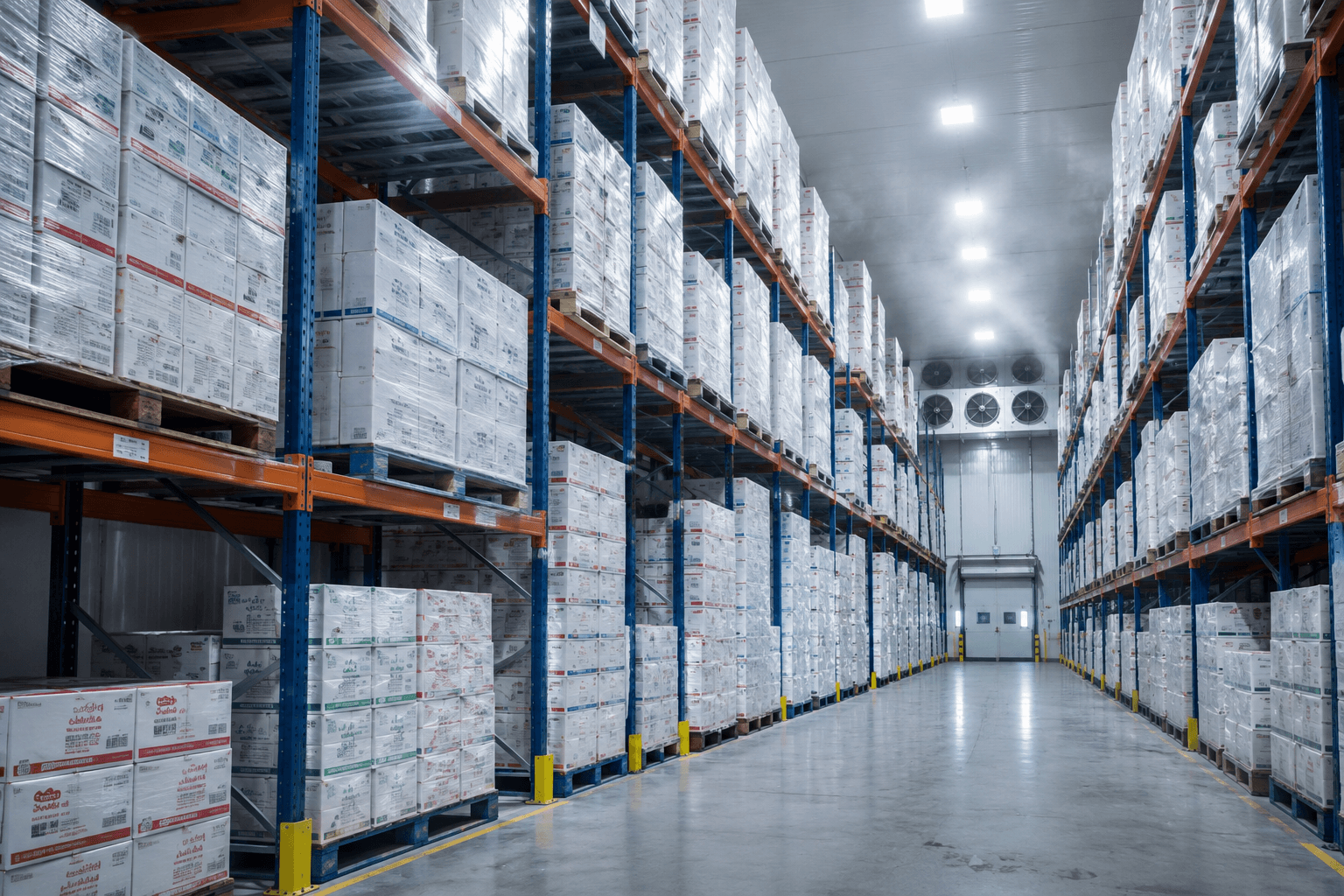 Refrigerated distribution warehouse stacked with palletised goods