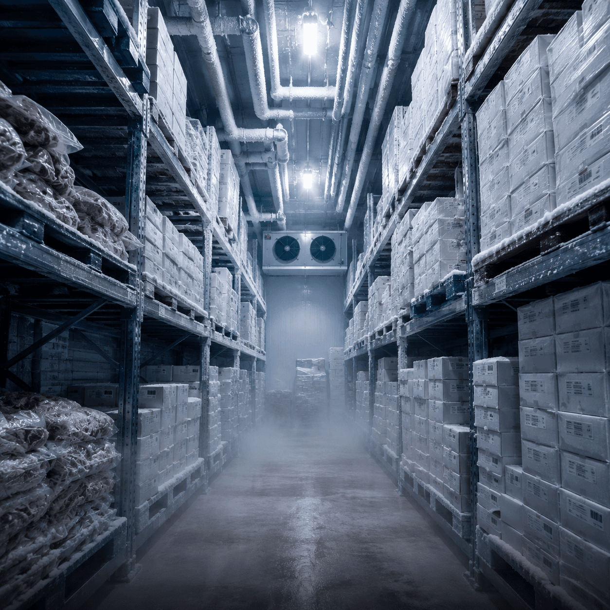 Industrial cold storage room with racked frozen inventory