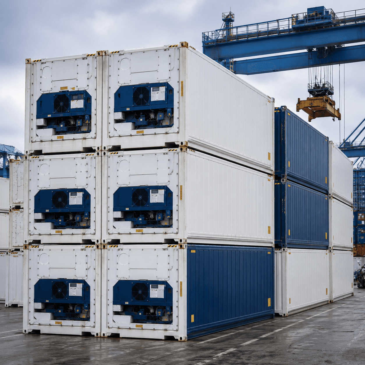 Stacked refrigerated shipping containers at a container terminal