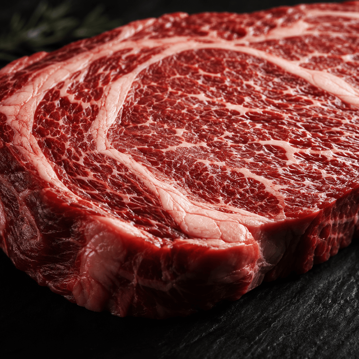 Close-up of a raw ribeye steak showing fine marbling