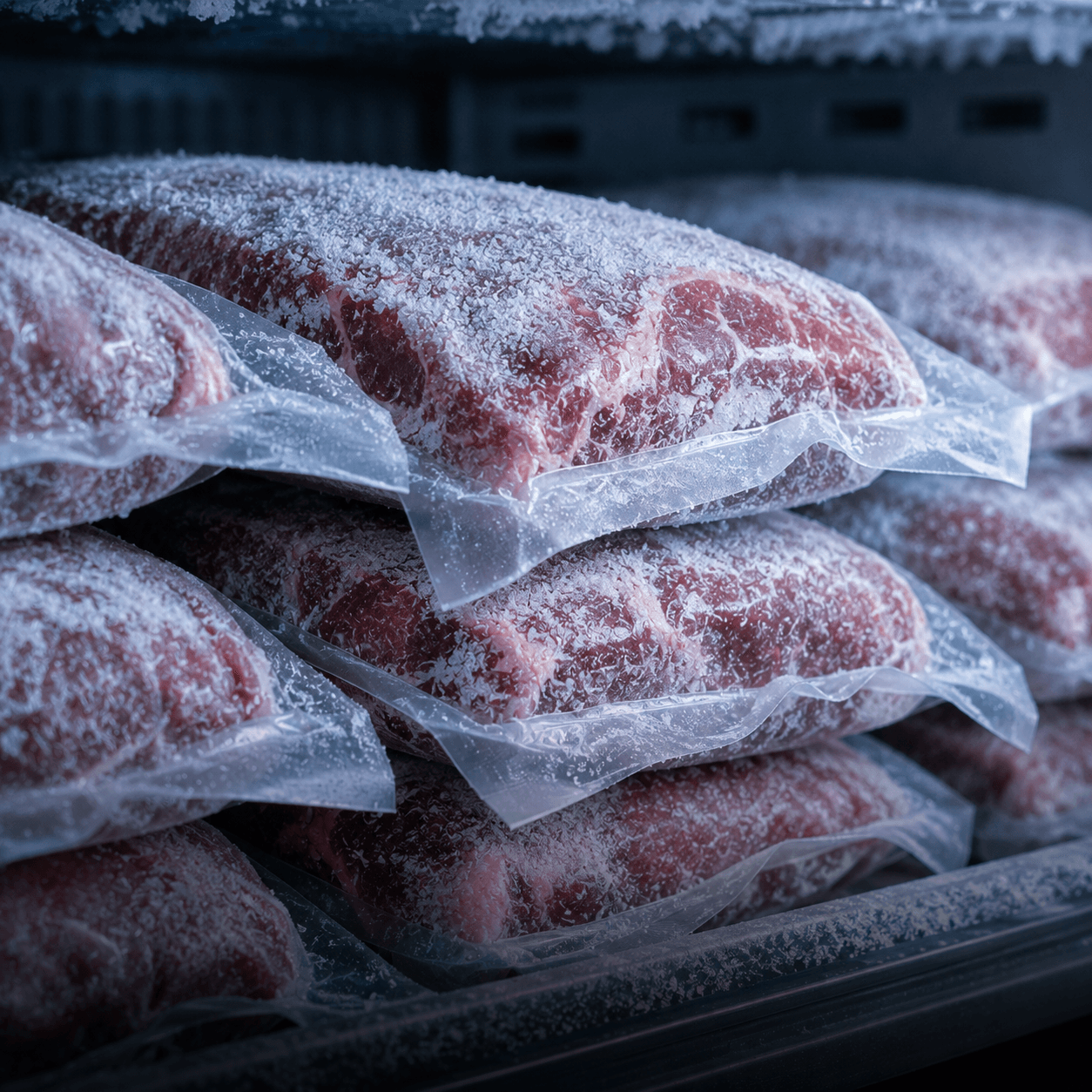 Frozen meat portions with ice crystals in deep-freeze storage