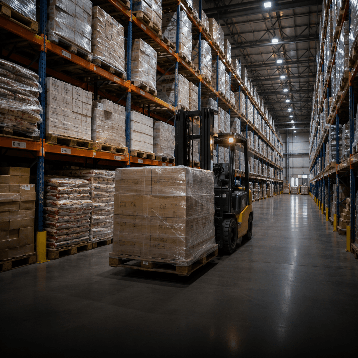 Food distribution warehouse with forklift and palletised stock