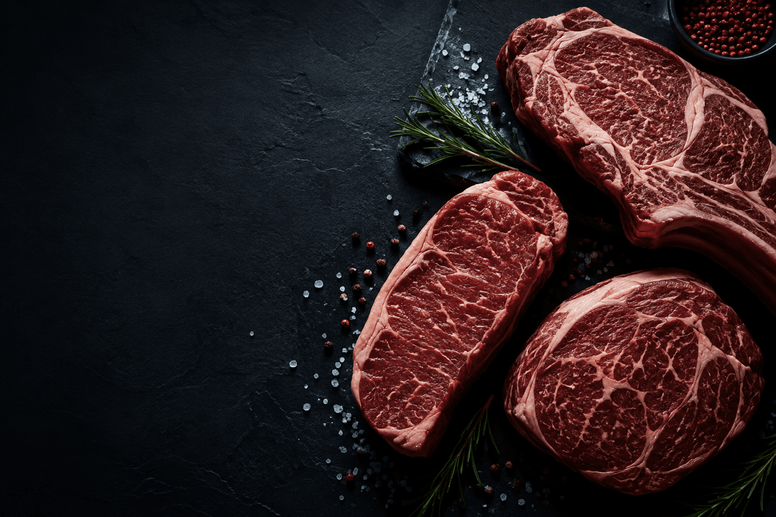 Premium raw beef cuts presented on a dark butcher's surface