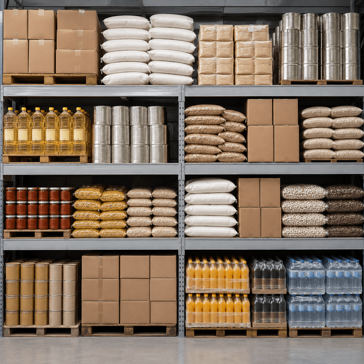 Packaged food and beverage products on wholesale shelving