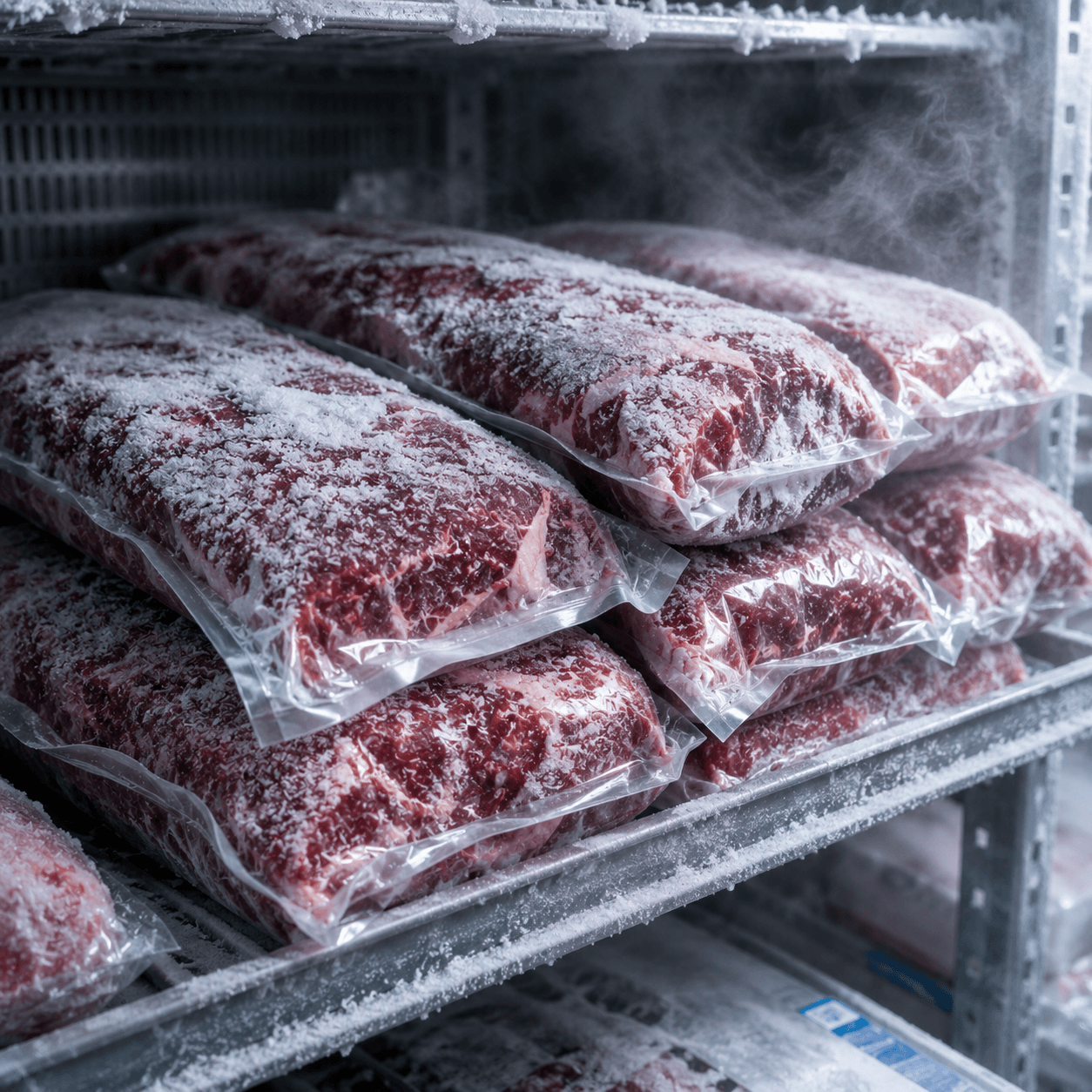 Frozen beef held in temperature-controlled cold storage