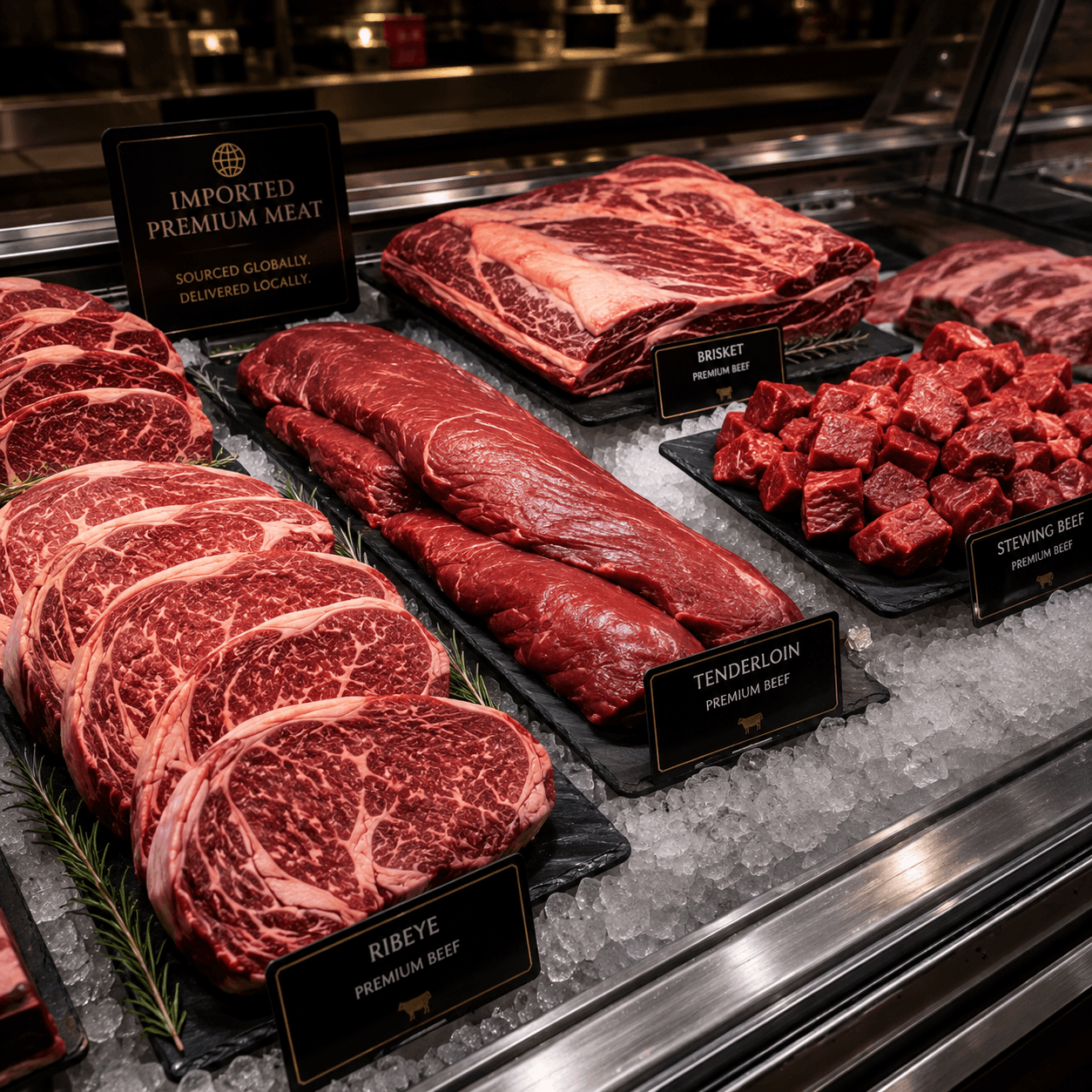 Selection of premium imported meat cuts on a butcher's counter